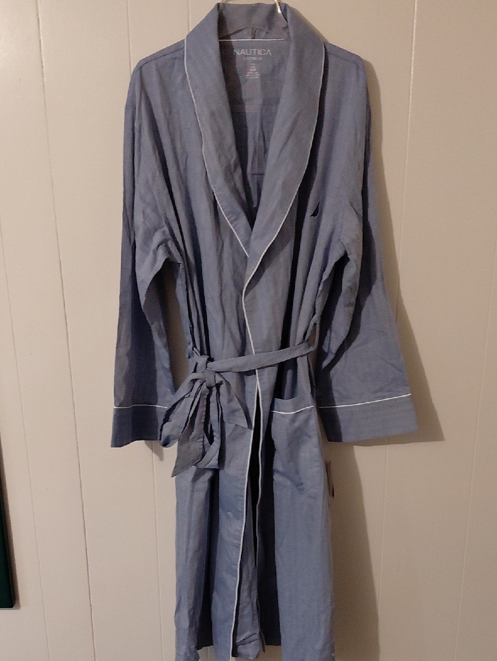 Nautica Light Blue Striped Men's Bath Robe with Belt